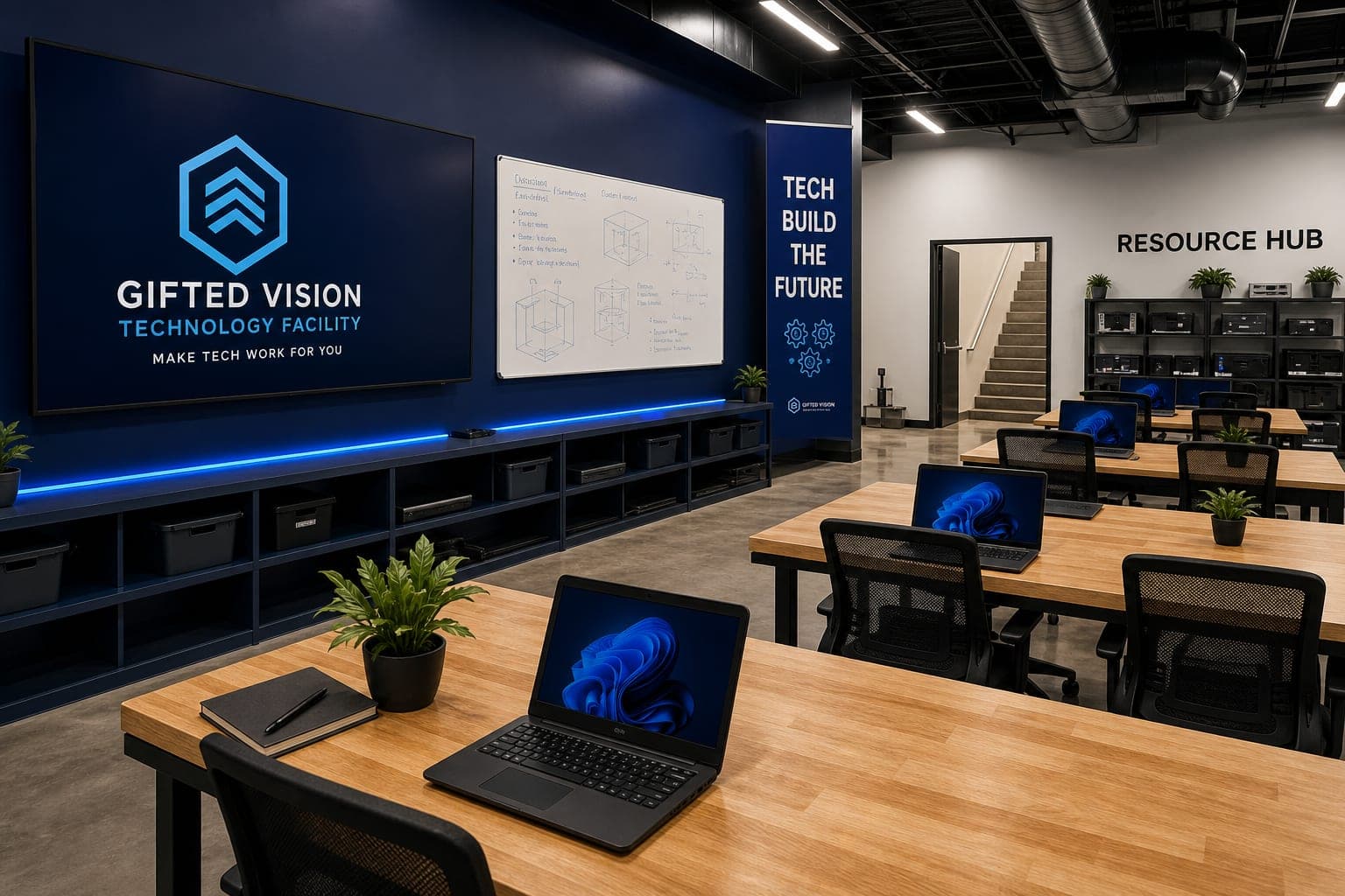 Gifted Vision classroom and tech lab: navy wall, laptops, and the Gifted Vision logo on screen