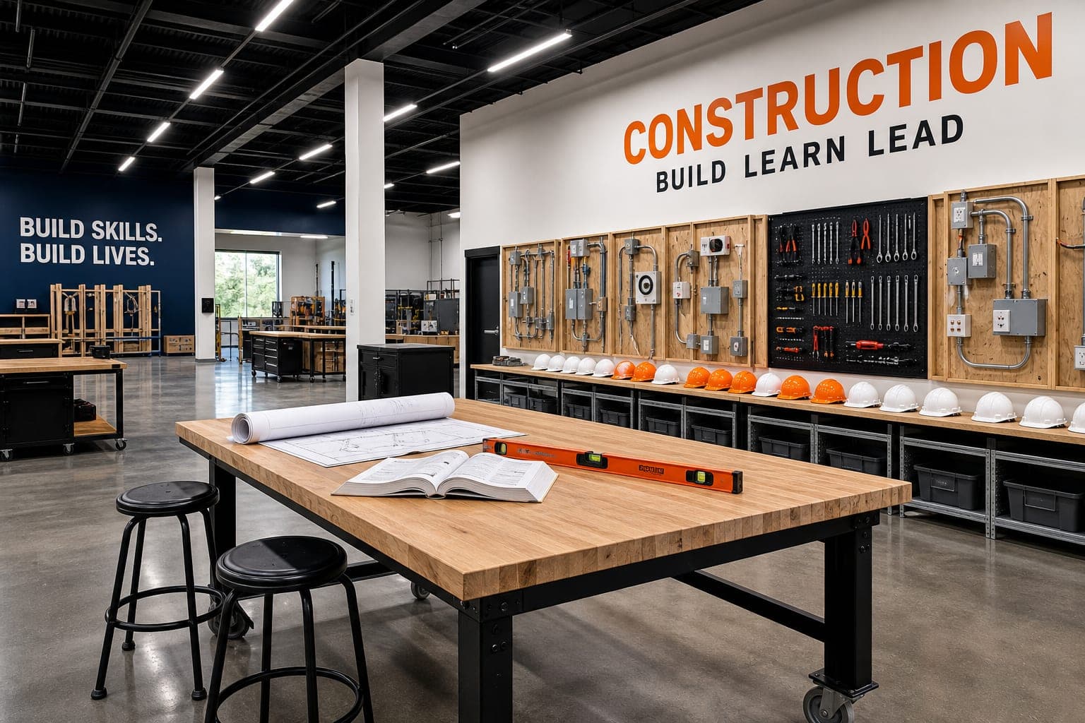 Gifted Vision construction shop: electrical training wall with conduit and junction boxes, workbenches, and hard hats under BUILD LEARN LEAD