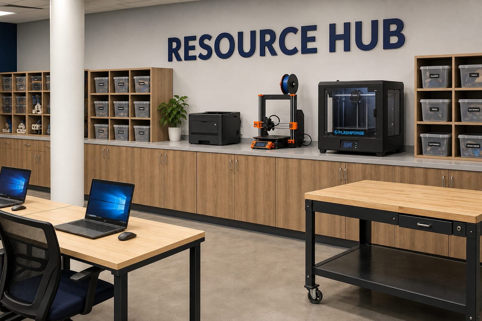 Resource Hub with wooden cabinets, storage bins, 3D printers, and classroom tables