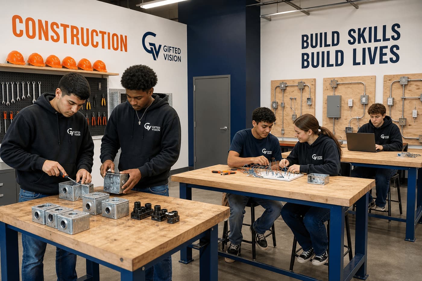 Students at Gifted Vision shop workbenches: junction boxes, circuit-board work, and a laptop, with CONSTRUCTION and BUILD SKILLS / BUILD LIVES on the walls